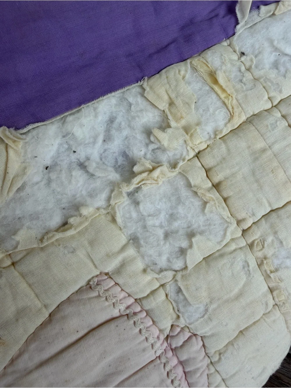 VTG Sunbonnet Sue Baby Lap Quilt Hand Sewn Purple Pastel 35x53 Damaged Cutter